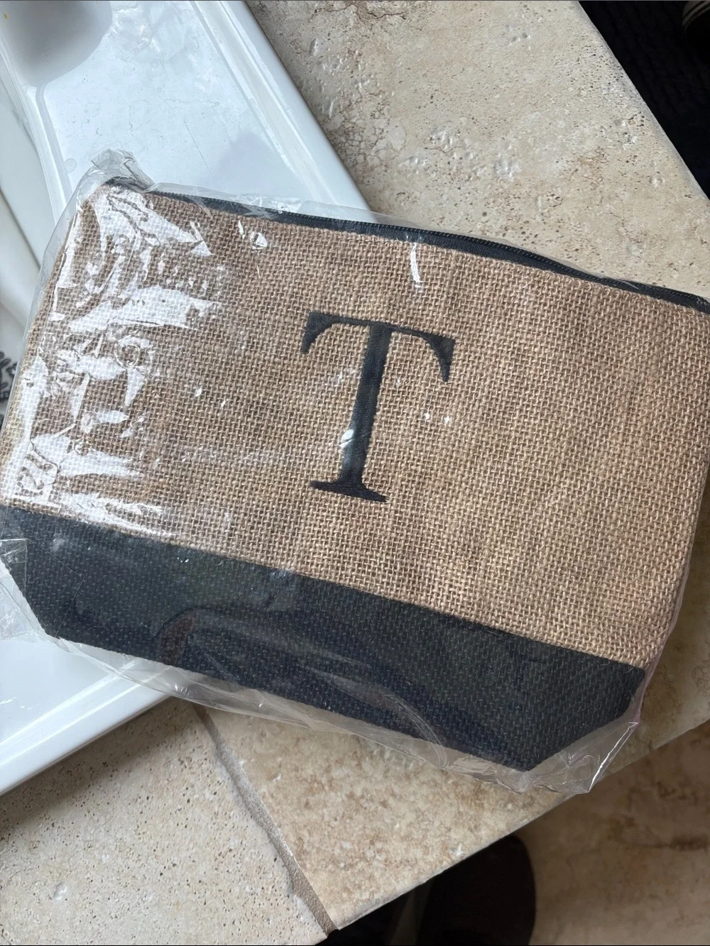 Personalized Tan and Black Toiletry Bag - Monogram 'T'